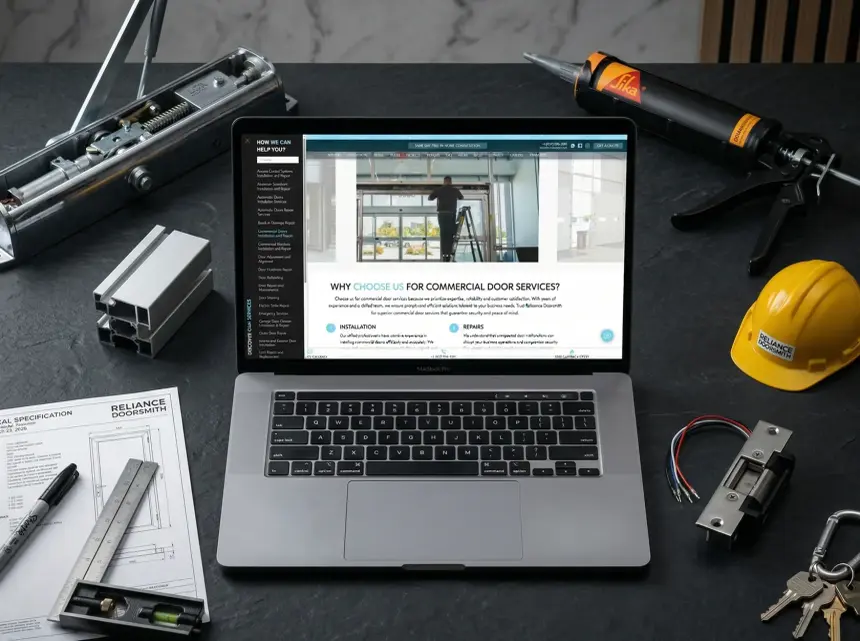 Page des services pour portes commerciales sur un ordinateur portable, parmi des outils et de la quincaillerie de porte