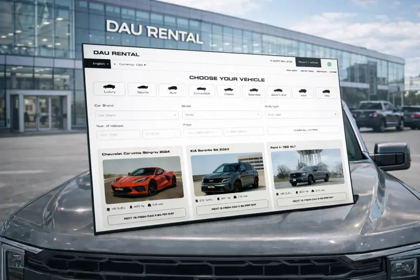 Car rental catalogue organized by class with filters on the DAU Rental website