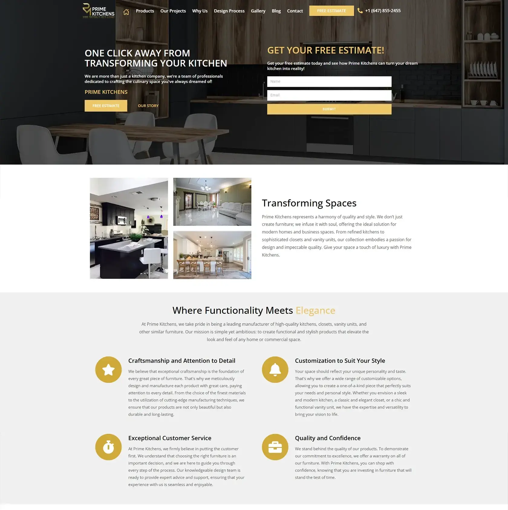 Page d’accueil de Prime Kitchens avec formulaire d’estimation gratuite, site Web d’un fabricant de cuisines sur mesure à Vaughan