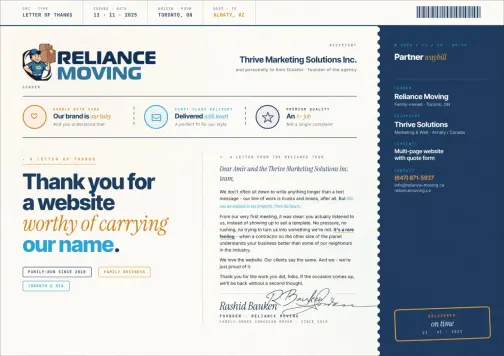 Рекомендательное письмо от Reliance Moving в адрес Thrive Solutions