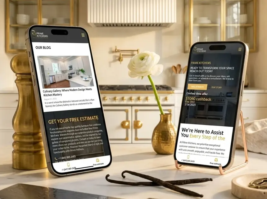 Formulaire d’estimation de Prime Kitchens sur deux cellulaires posés sur un comptoir de cuisine