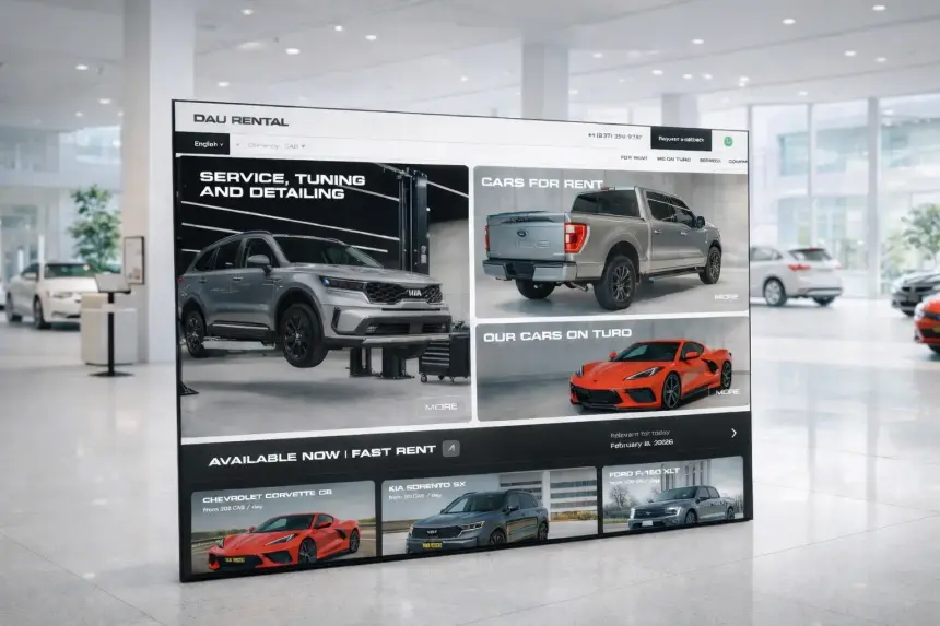 DAU Rental home screen showing the fleet and services on a large display