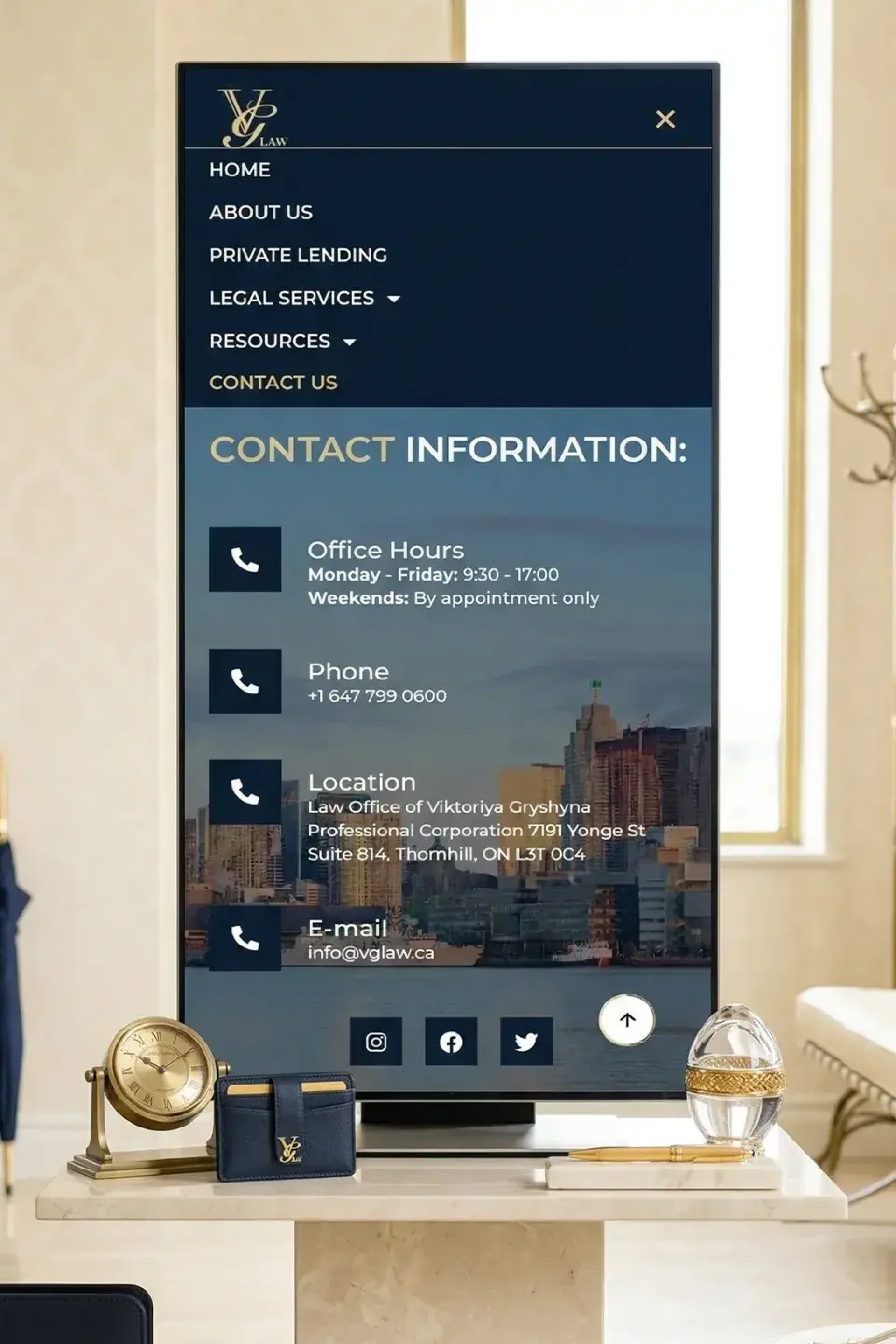 Mobile menu of the VG Law website on a phone