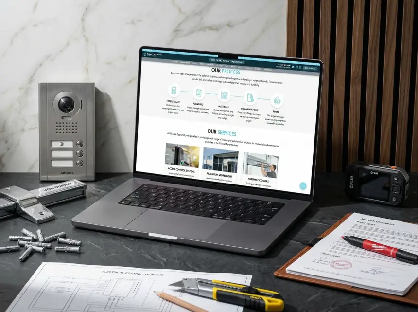Page d’accueil de Reliance Doorsmith sur un ordinateur portable, à côté d’un panneau d’interphone