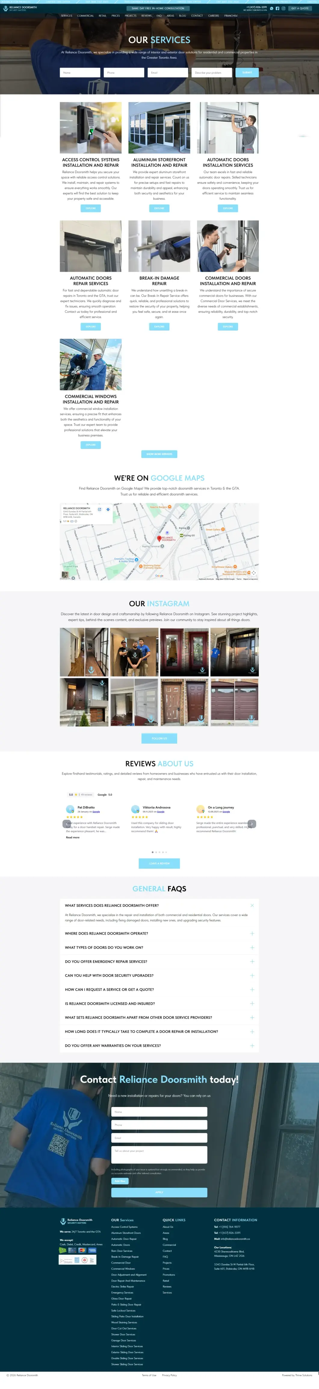 Reliance Doorsmith 网站的服务页面