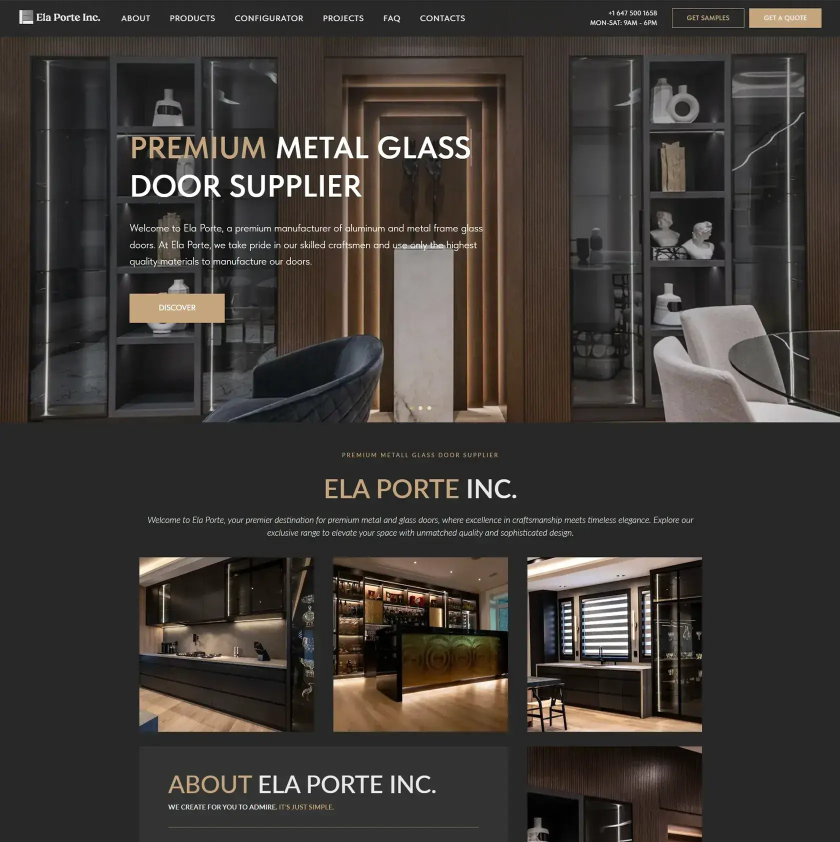 Thrive Solutions 为 Ela Porte 打造的网站首页：深色室内空间中的一扇高端金属玻璃门