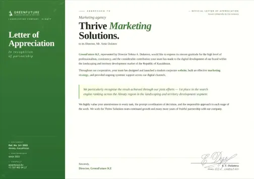 Lettre de recommandation de GreenFuture adressée à Thrive Solutions