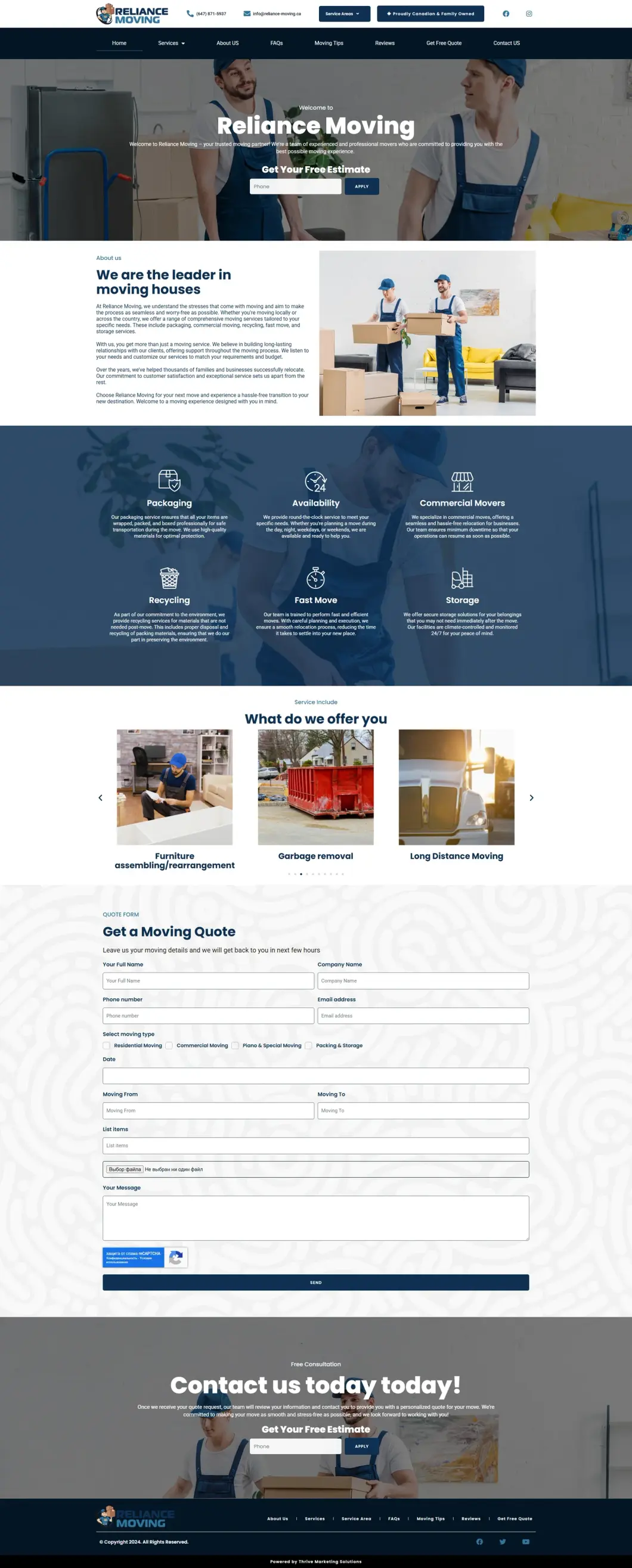Full home page of Reliancemoving.ca, moving company website in Toronto