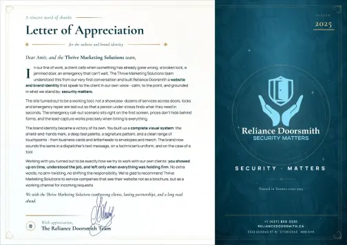 Lettre de recommandation de Reliance Doorsmith adressée à Thrive Solutions