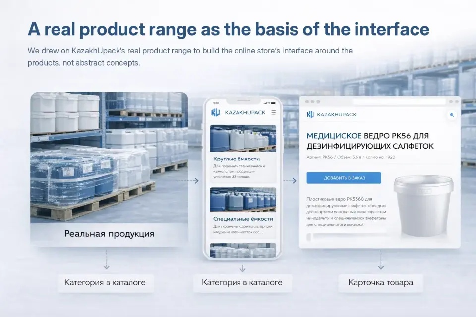 Interface KazakhUpack conçue à partir de la gamme réelle : catégories du catalogue et fiches produits