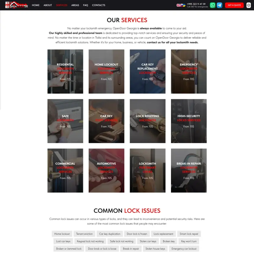Locksmith services grouped by situation on OpenDoor.ge
