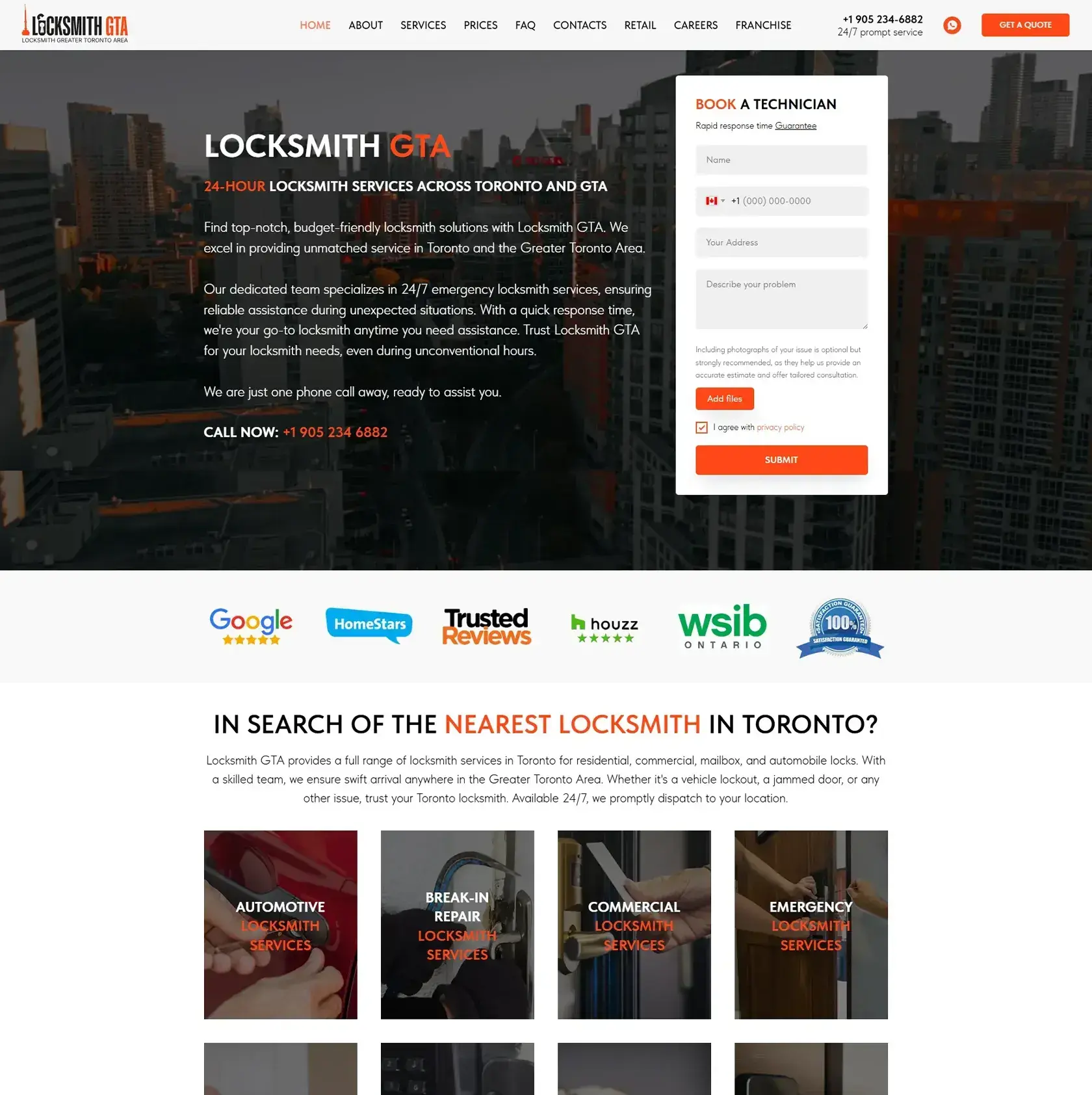 Premier écran de Locksmithgta.ca avec bouton d’appel - site Web d’un serrurier à Toronto réalisé par Thrive Solutions