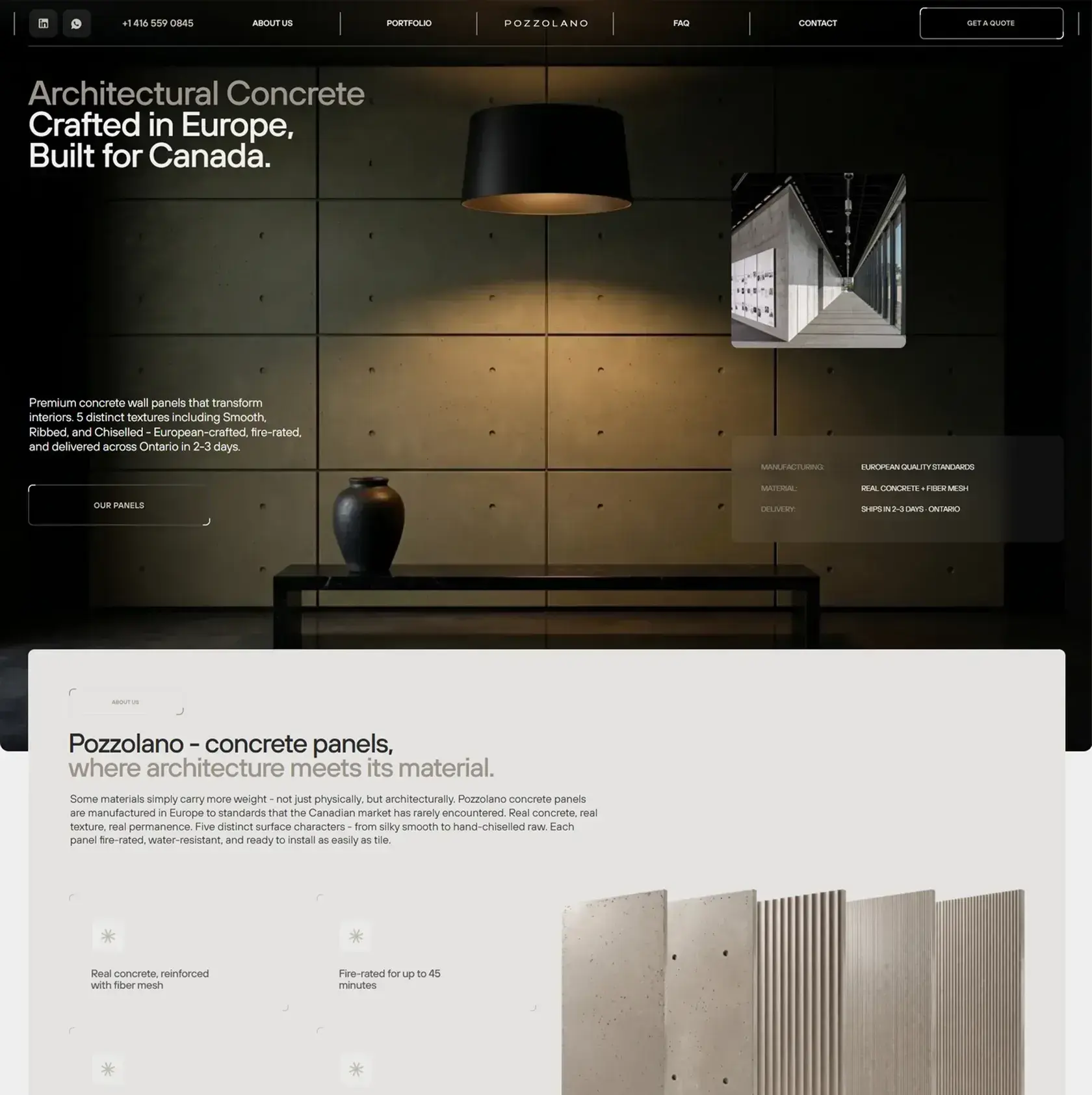 Pozzolano.com home page with a dark concrete wall - architectural concrete panel website designed by Thrive Solutions