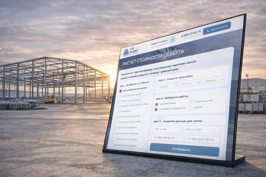 Cost estimate form of the SteelBuildings landing page on a tablet