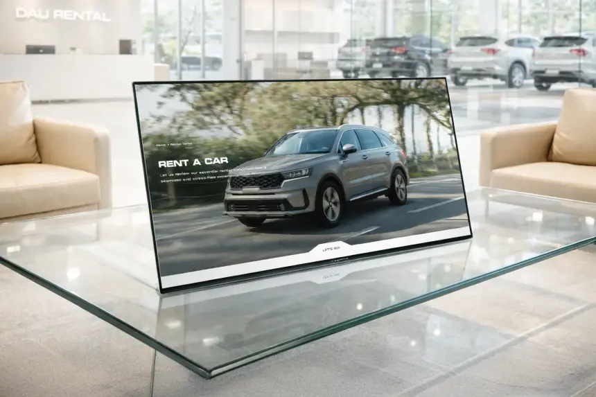 DAU Rental website on a display next to an SUV in a showroom