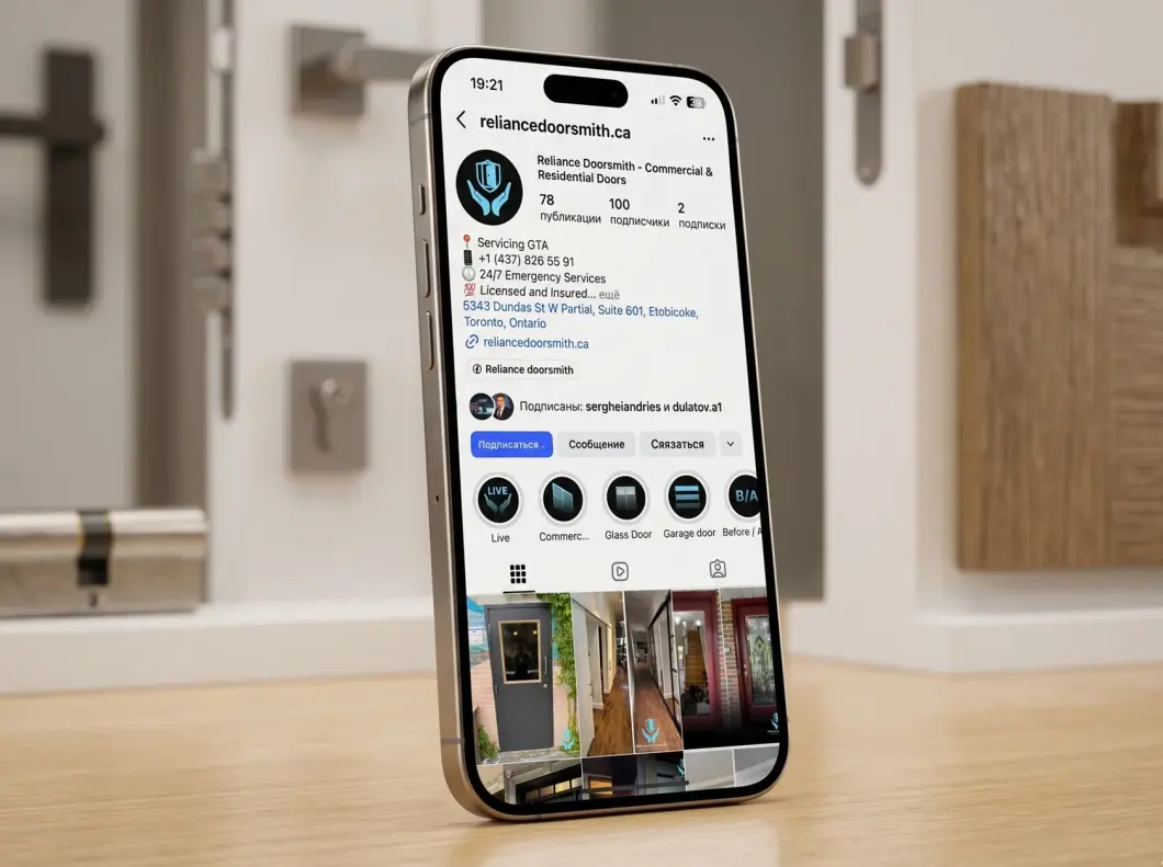 Reliance Doorsmith Instagram profile on a phone