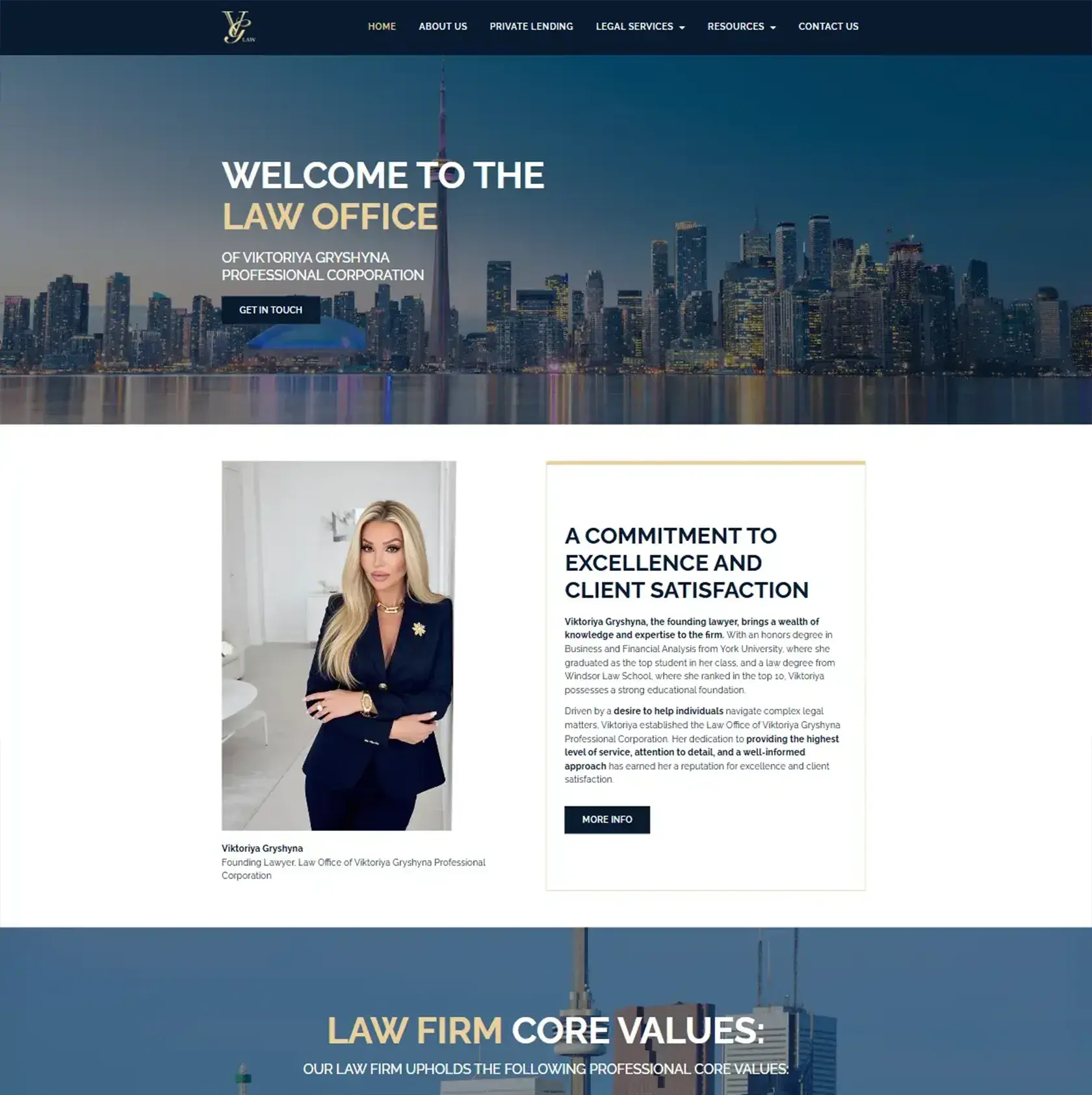 Vglaw.ca first screen with the Toronto skyline - law firm website designed by Thrive Solutions