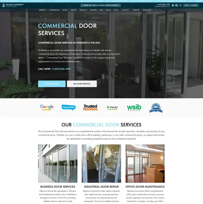 Page des services pour portes commerciales sur le site Web de Reliance Doorsmith