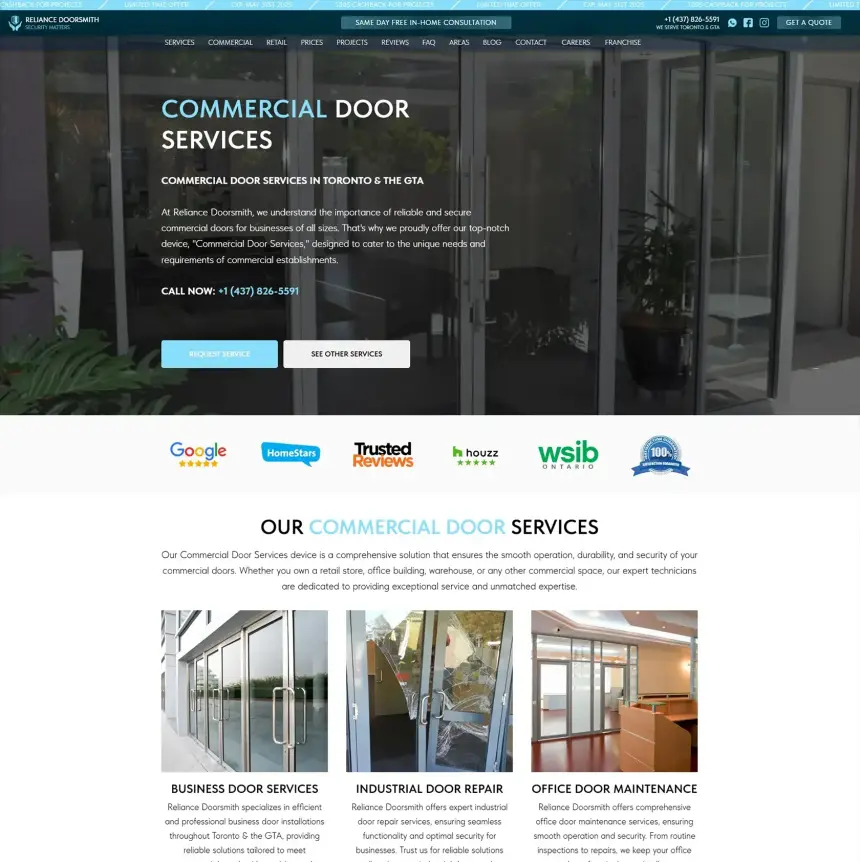 Services pour portes commerciales et logos des marques partenaires sur le site Web de Reliance Doorsmith