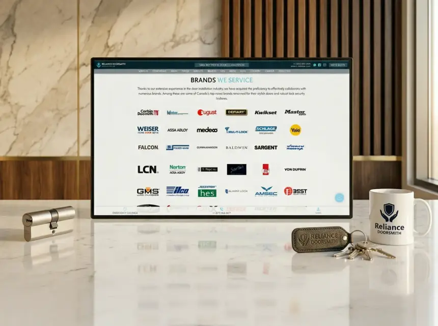 Bloc des marques partenaires du site Web de Reliance Doorsmith sur un écran d’ordinateur