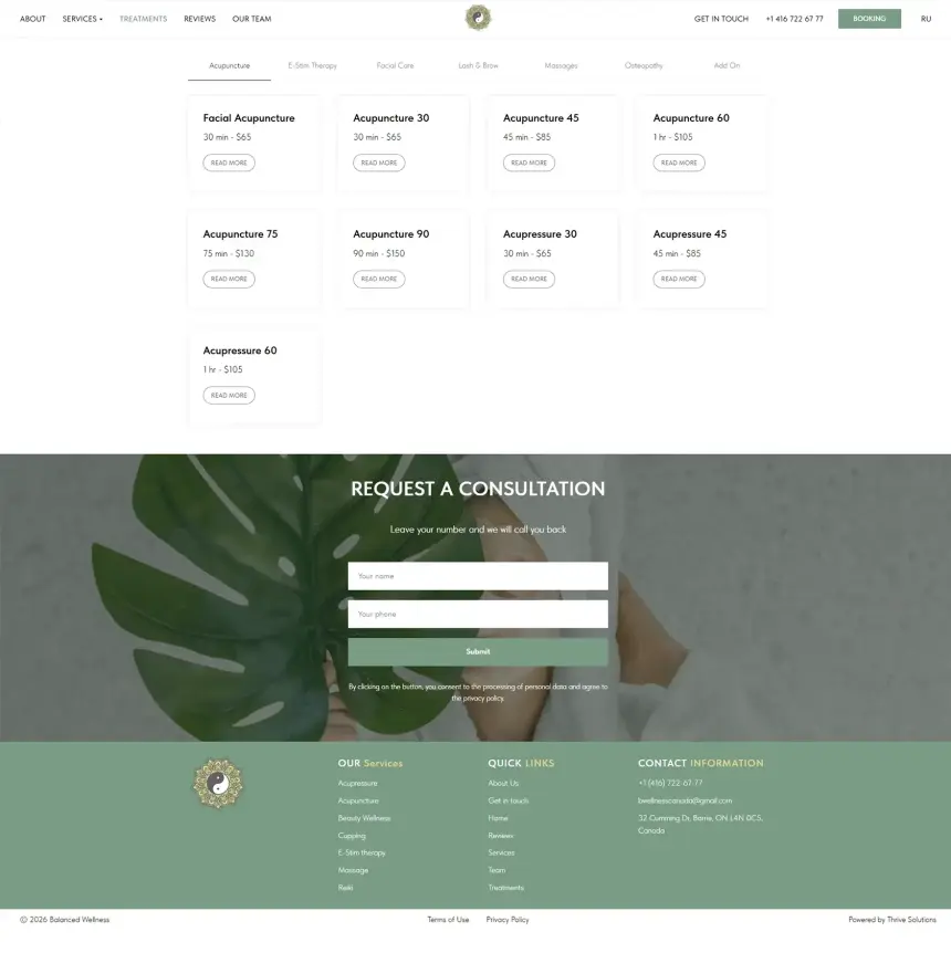 Reviews and booking section on Balanced Wellness