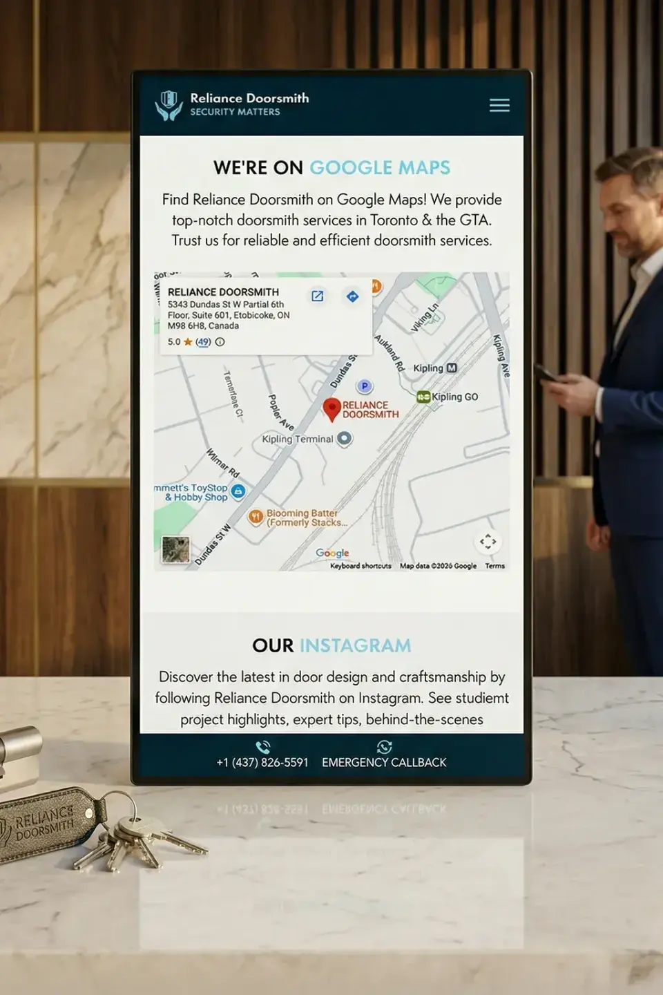 Section Google Maps du site Web de Reliance Doorsmith sur un écran vertical