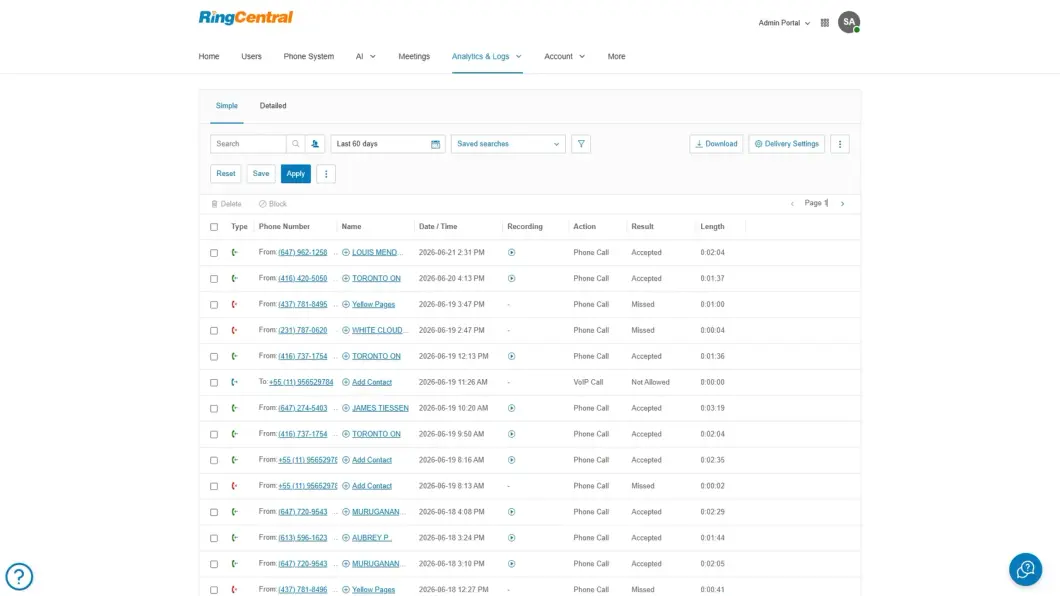 RingCentral call logs
