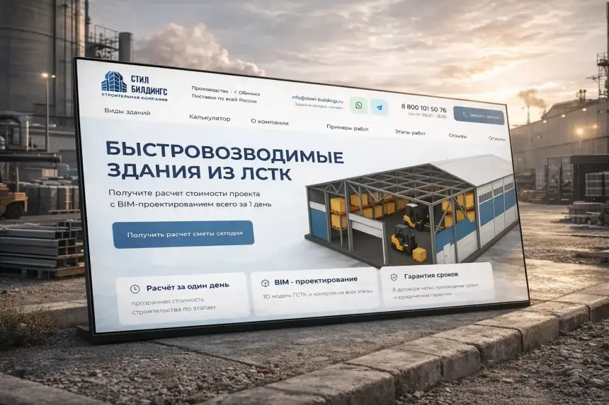 First screen of the SteelBuildings landing page on a monitor