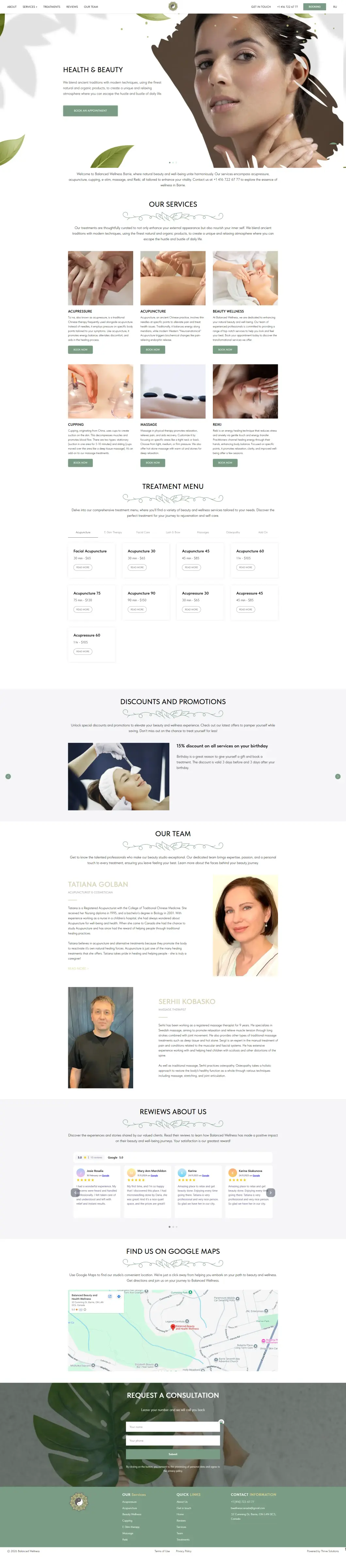 Full home page of balanced-wellness.ca, wellness studio website in Barrie