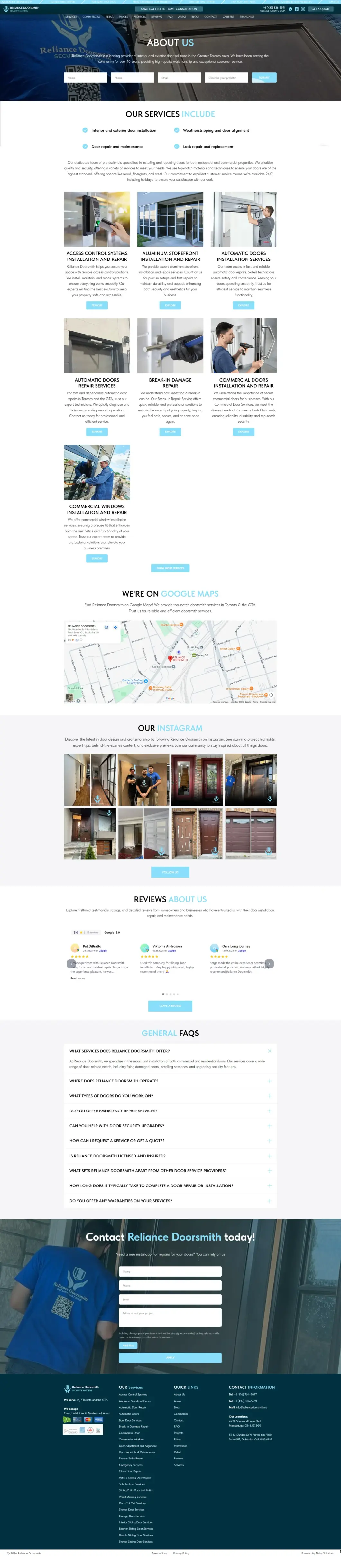 Reliance Doorsmith 网站的“关于我们”页面