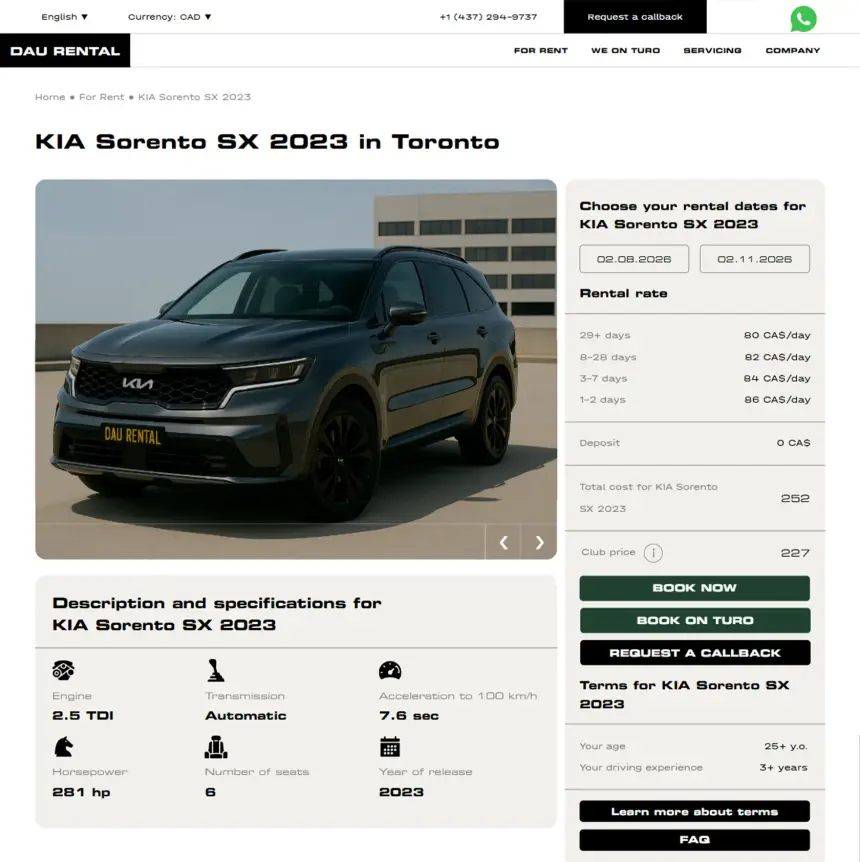 Vehicle page with booking buttons and rental price calculator on DauRental.ca