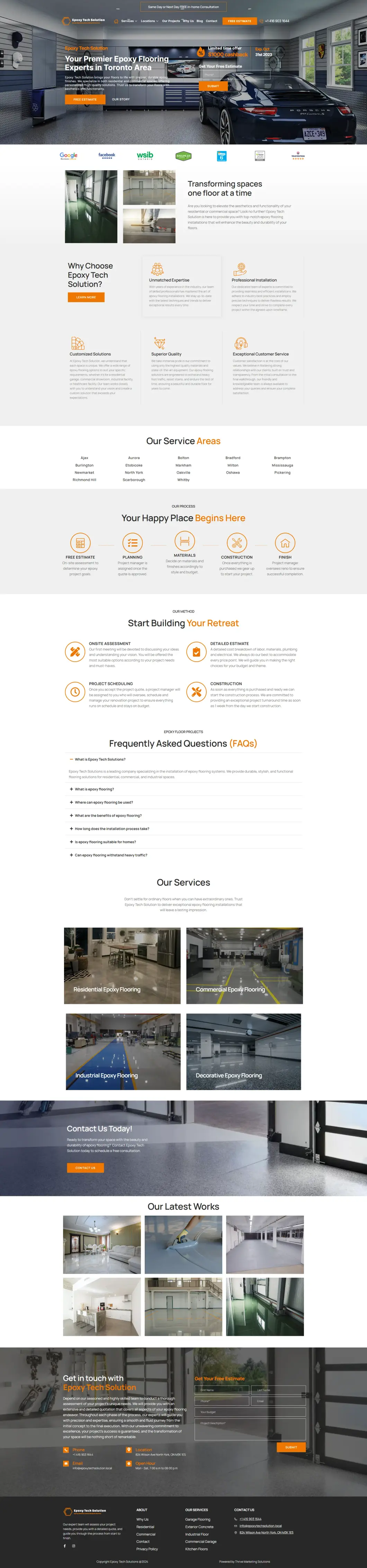 Full home page of Epoxytechsolution.com, epoxy flooring contractor website in the GTA