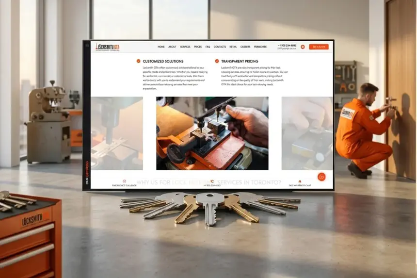 Site Web de Locksmith GTA sur un ordinateur portable, dans un décor résidentiel