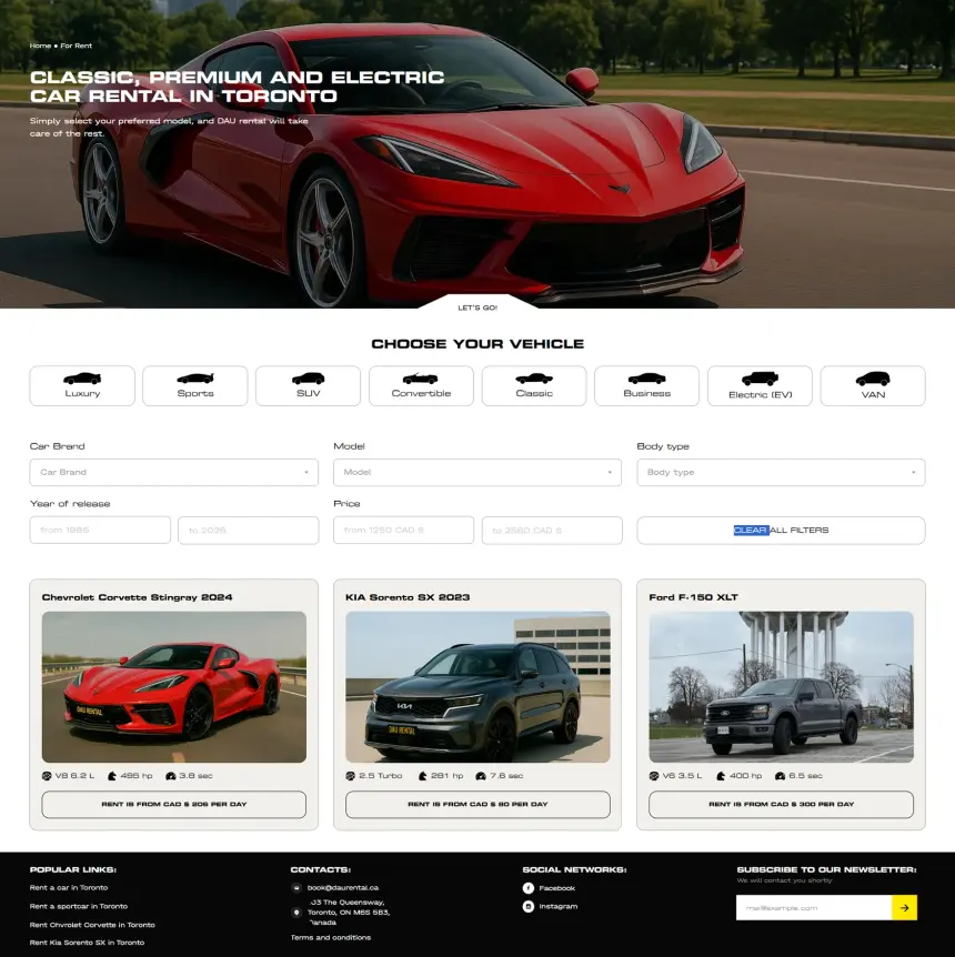 Fleet catalogue with car classes and filters on the DAU Rental website