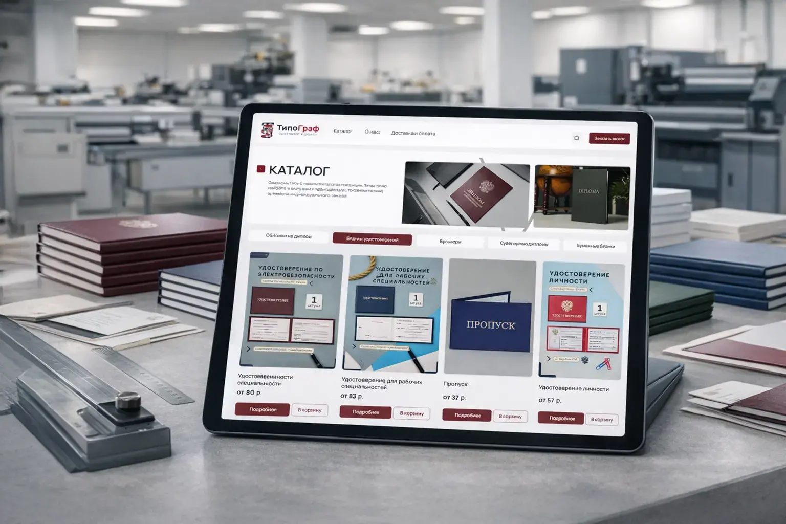 Tipograf Print website with printed diplomas on a desk