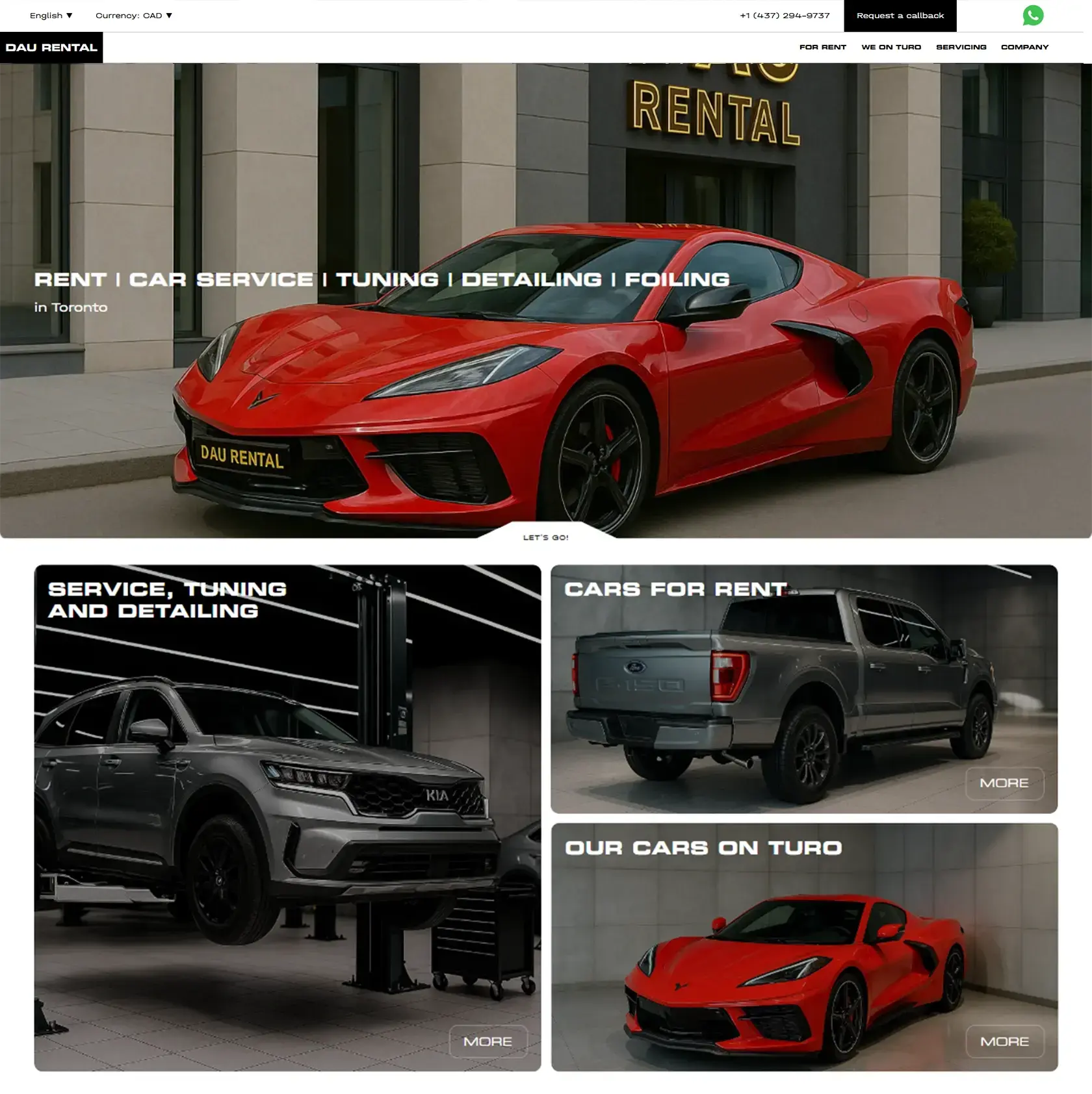 DauRental.ca home page with a red sports car - premium car rental website in Toronto designed by Thrive Solutions