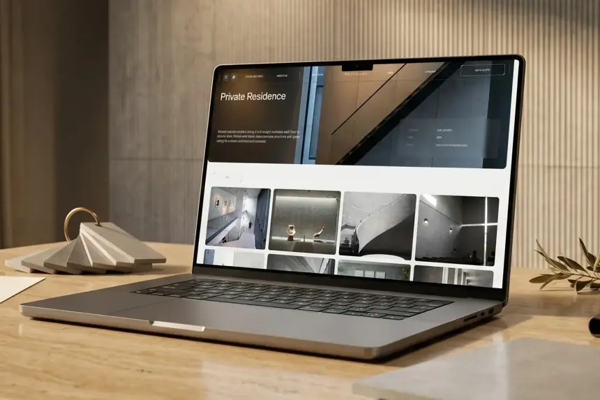 Pozzolano website portfolio page on a laptop in a concrete interior