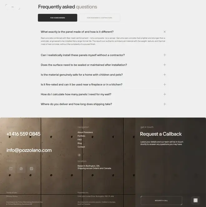 FAQ and footer of the Pozzolano concrete panel website