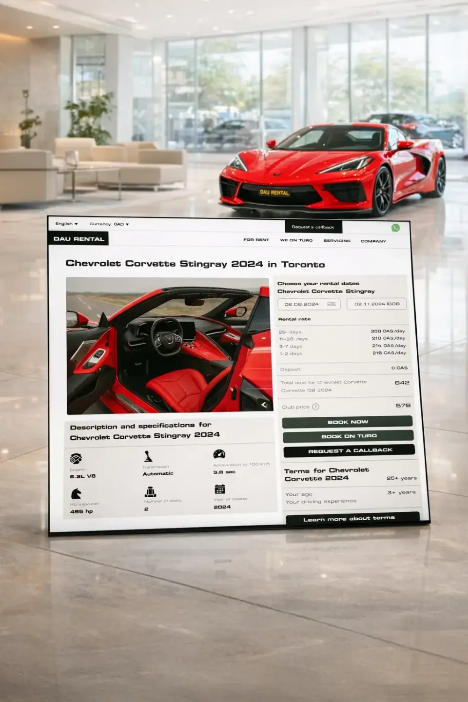 DAU Rental car page displayed on a screen in a luxury car showroom