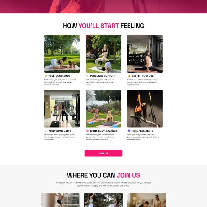 Class booking section on Karinastretchme.ca