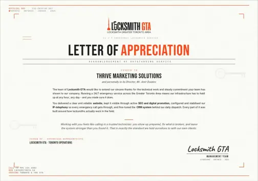 Lettre de recommandation de Locksmith GTA adressée à Thrive Solutions