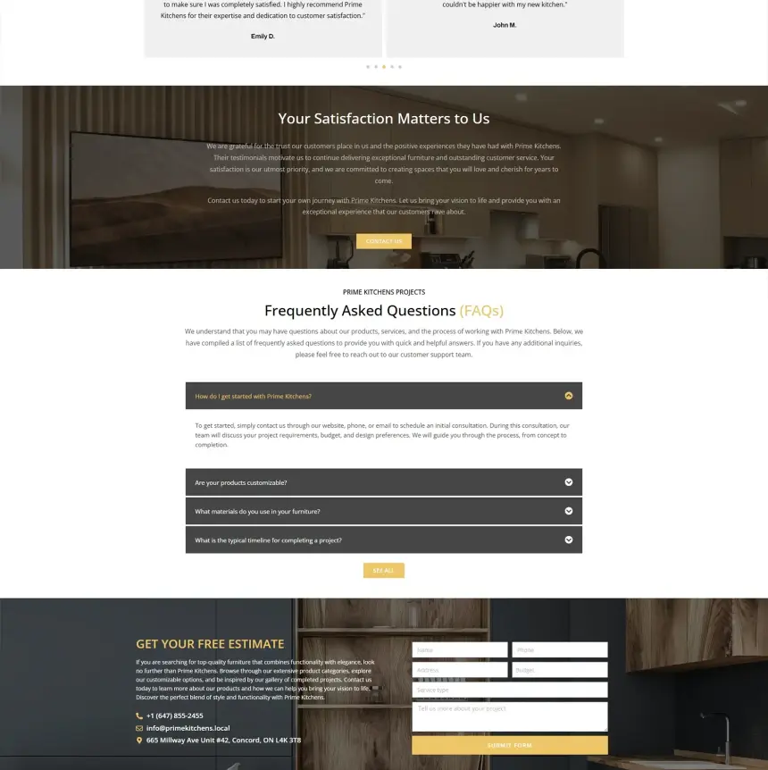 Sections Avis et FAQ du site Web de Prime Kitchens
