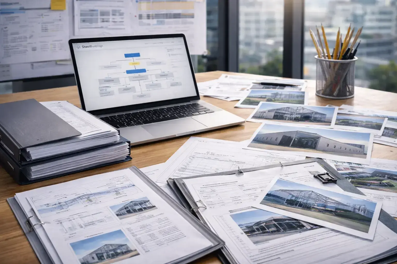 SteelBuildings landing page displayed on a laptop in an industrial setting