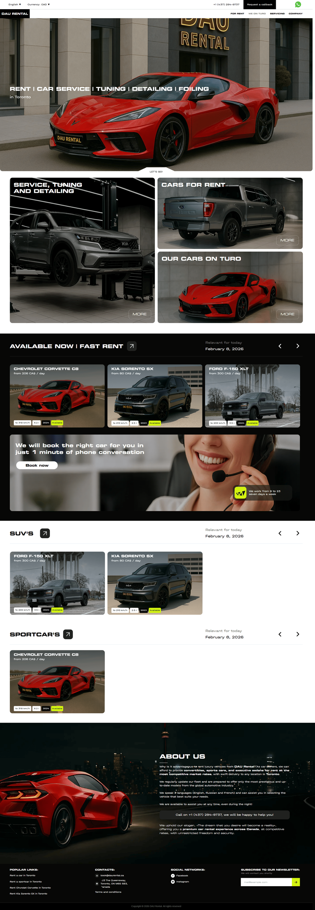 Full home page of DauRental.ca, premium car rental website in Toronto