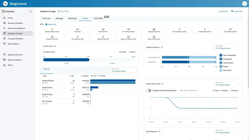 RingCentral call analytics for Reliance Doorsmith