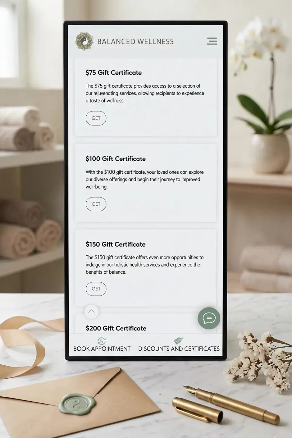 Gift certificates on the Balanced Wellness mobile site