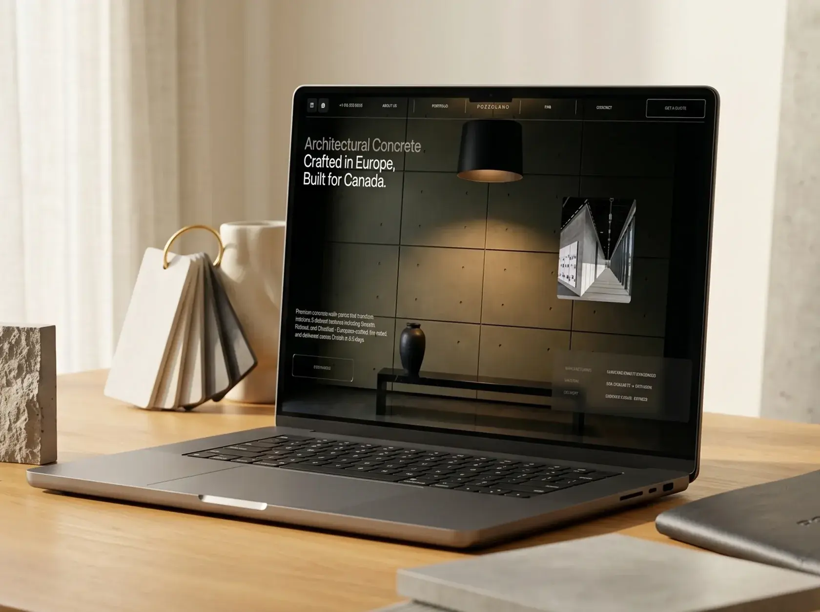 Pozzolano Inc. homepage on a laptop in a concrete interior