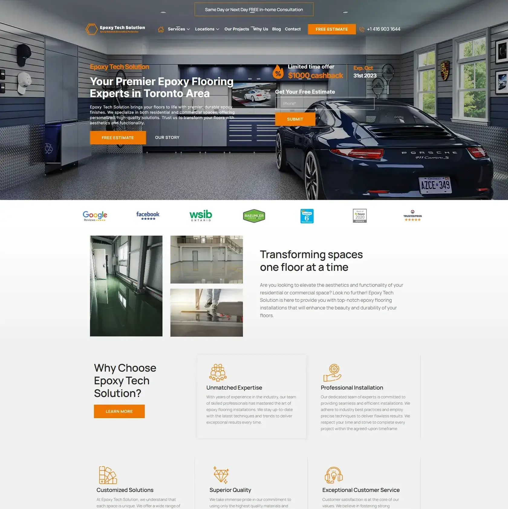 Epoxytechsolution.com first screen with a glossy epoxy floor - contractor website by Thrive Solutions