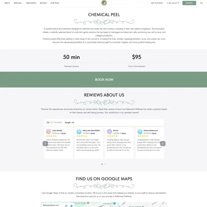 Treatment page with price and booking on Balanced Wellness