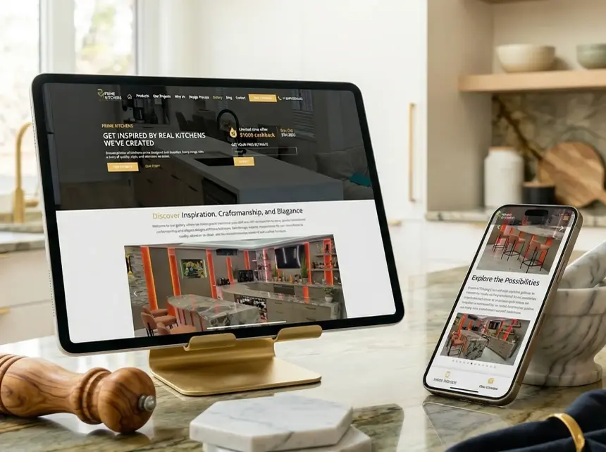 Page d’accueil de Prime Kitchens sur un ordinateur portable et un cellulaire, dans une cuisine en marbre